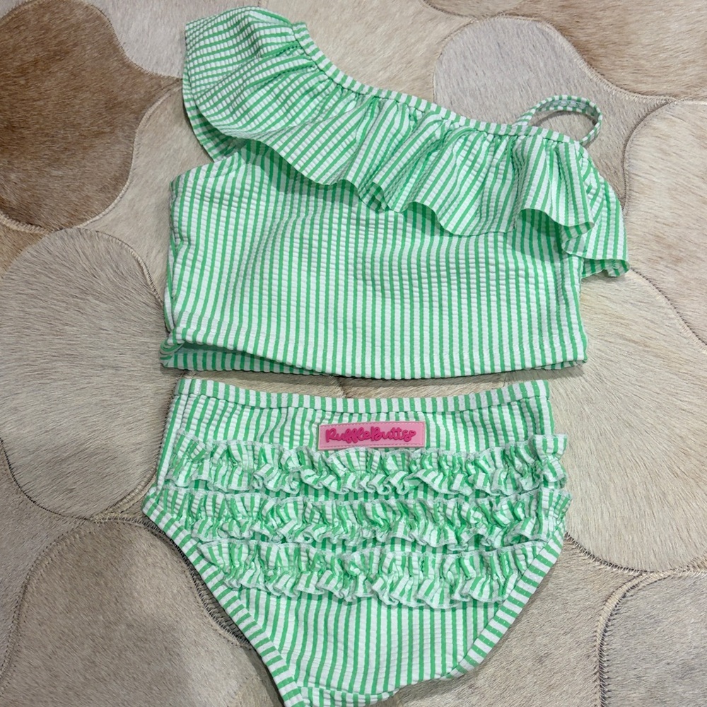 Ruffle Butts green Striped One-Shoulder Bikini Set